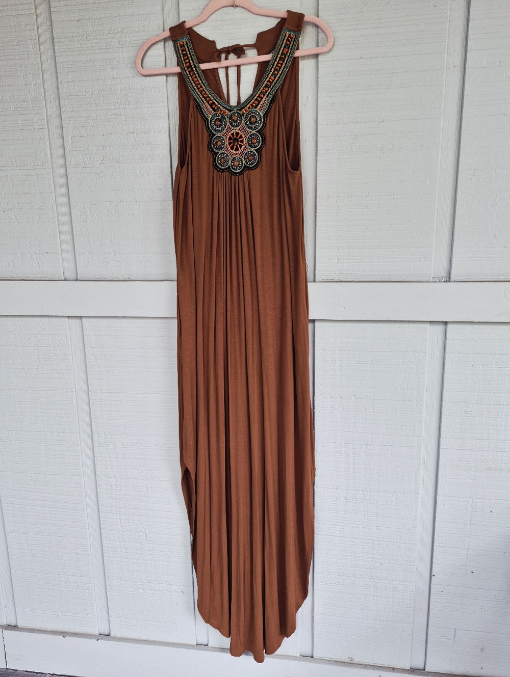VENUS Rust Brown Maxi Halter Dress with Beaded Yoke Front Large Boho Hippie - Picture 9 of 9